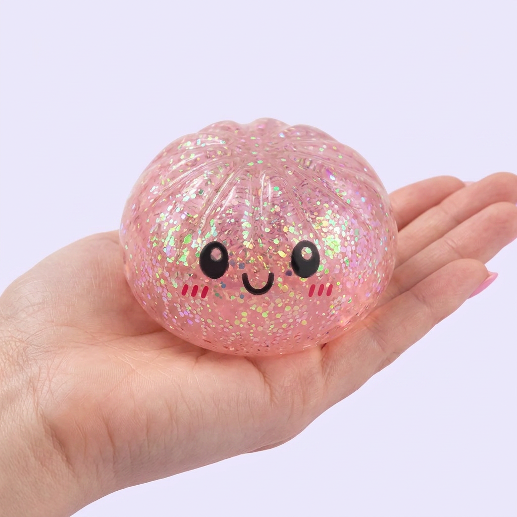 Dumplings Squishy Glitter Mystery – Glinsterende Verrassing in de hand gehouden, echte grootte