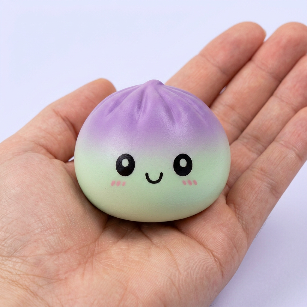 Dumpling Squishy Ombre Mystery Verrassing in de hand gehouden, echte grootte