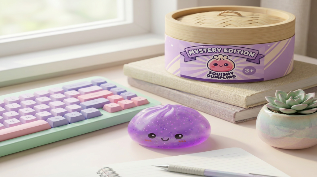Dumpling Squishy Mystery Glow In The Dark Glitter in zijn kawaii omgeving