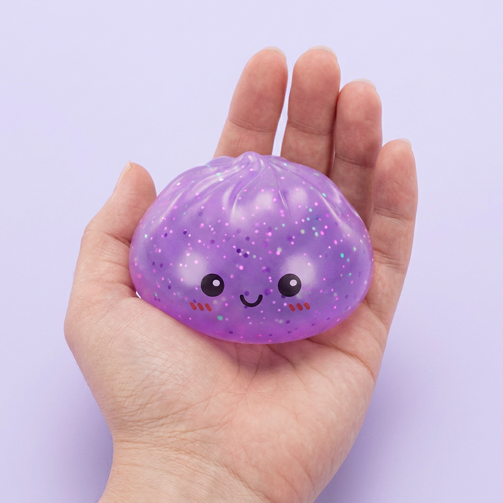 Dumpling Squishy Mystery Glow In The Dark Glitter in de hand gehouden, echte grootte