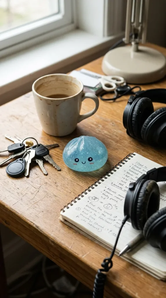 Dumpling Squishy Mystery Glow In The Dark Glitter op het bureau
