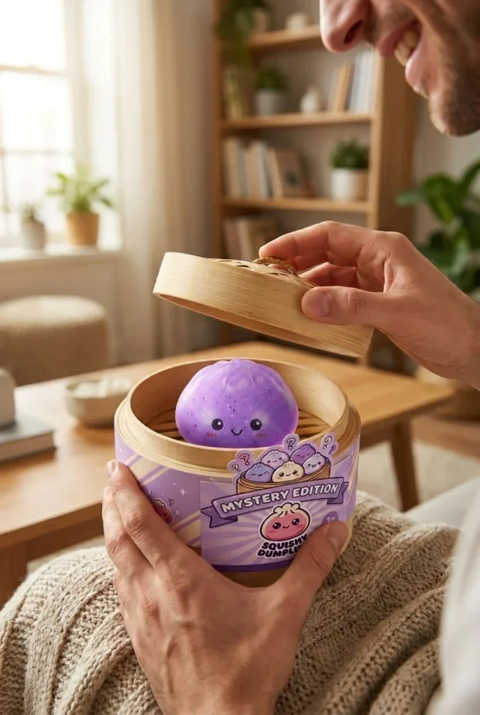 Dumpling Squishy Mystery Glow In The Dark Glitter tijdens het uitpakken