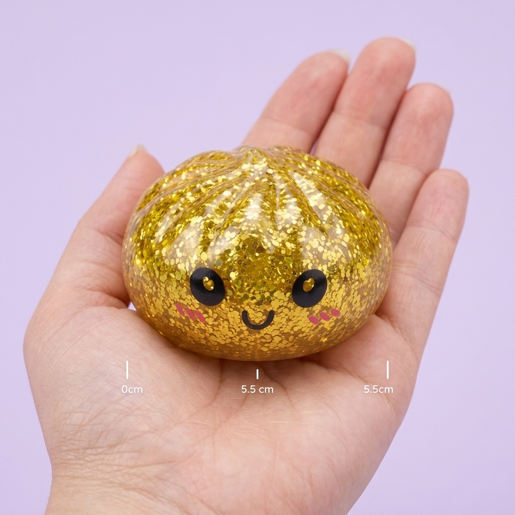 Squishy Dumpling Mystery Glitter Mini Set in de hand gehouden, echte grootte