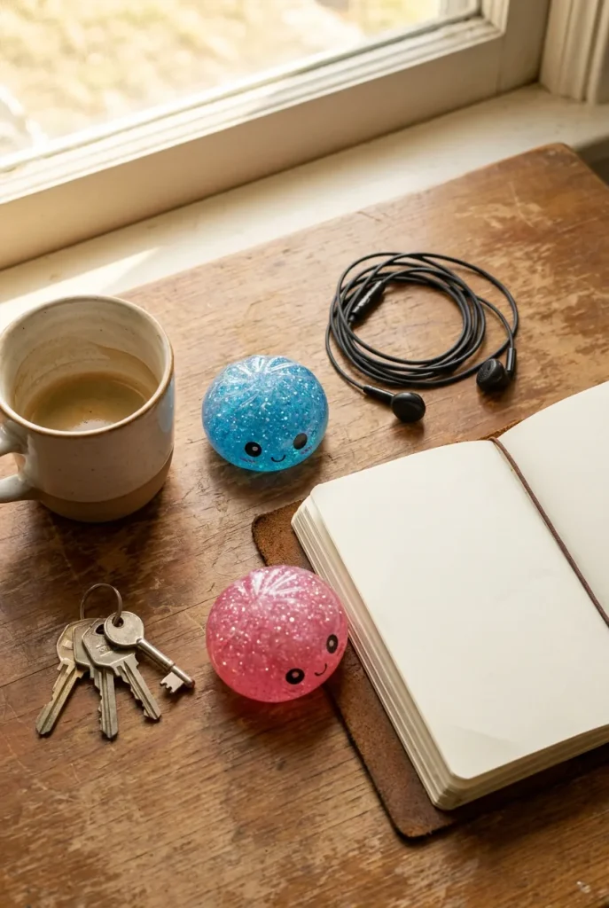 Squishy Dumpling Mystery Glitter Mini Set op het bureau