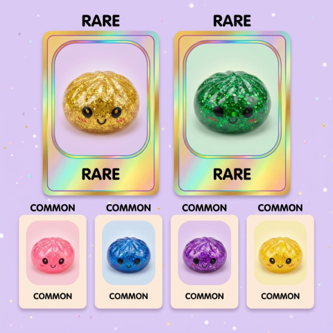 Squishy Dumpling Mystery Glitter Mini Set tijdens het knijpen, zacht materiaal