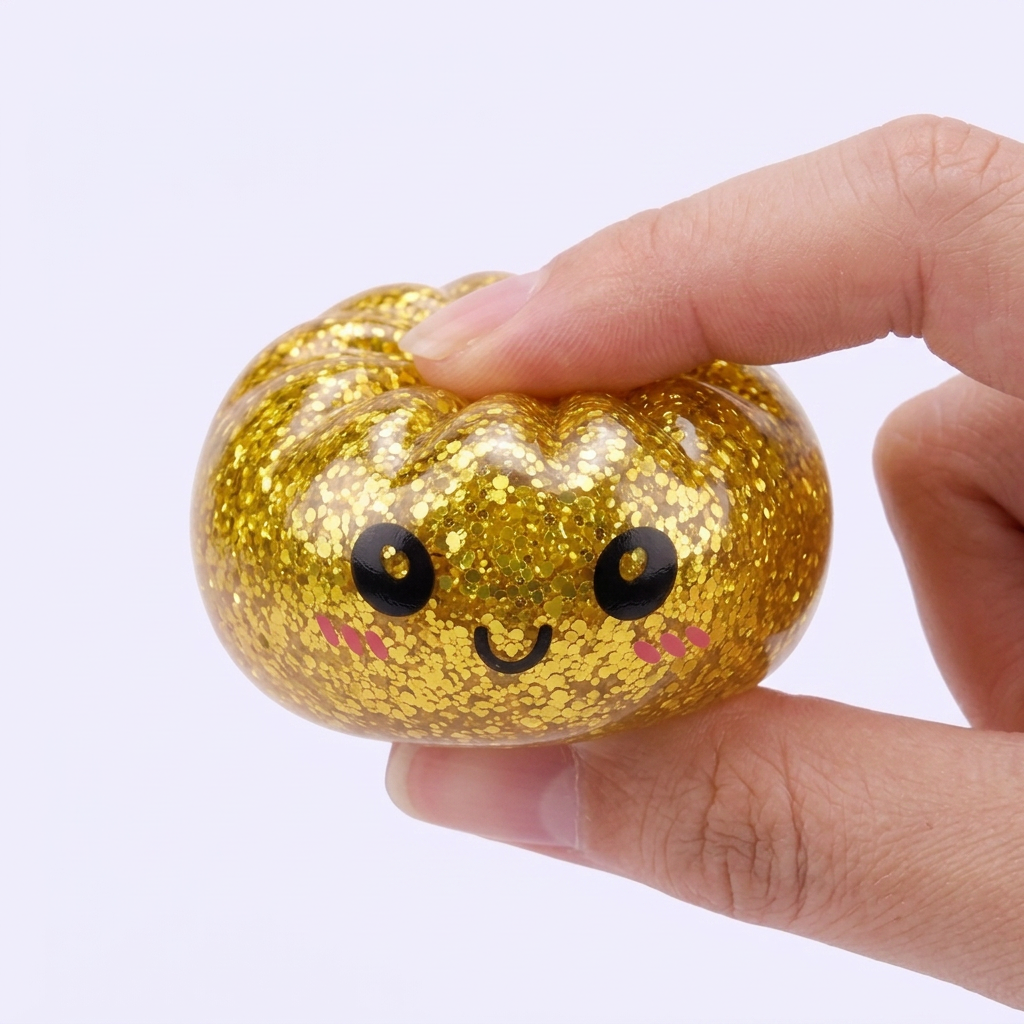 Squishy Dumpling Mystery Glitter Mini Set tijdens het knijpen, zacht materiaal