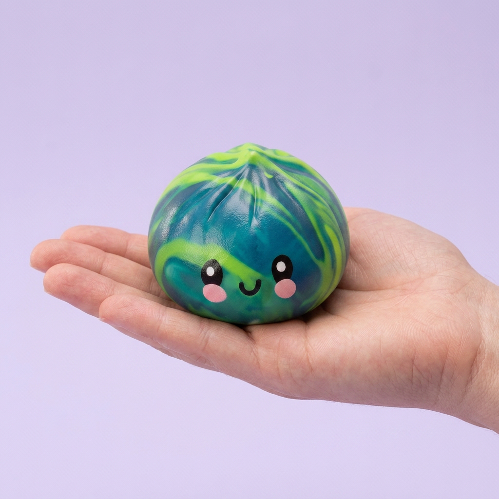 Dumpling Squishy Mystery Tie Dye Mini Verrassing in de hand gehouden, echte grootte