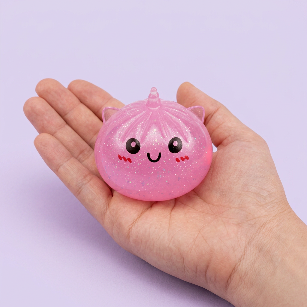 Dumpling Squishy Unicorn Mystery Mini Eenhoorn in de hand gehouden, echte grootte