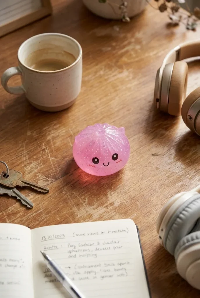Dumpling Squishy Unicorn Mystery Mini Eenhoorn op het bureau