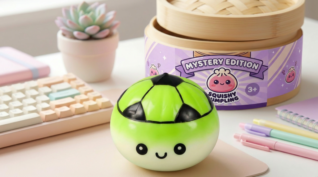 Mystery Dumpling Squishy Voetbal Editie in zijn kawaii omgeving