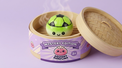 Mystery Dumpling Squishy Voetbal Editie in het bamboe stoommandje