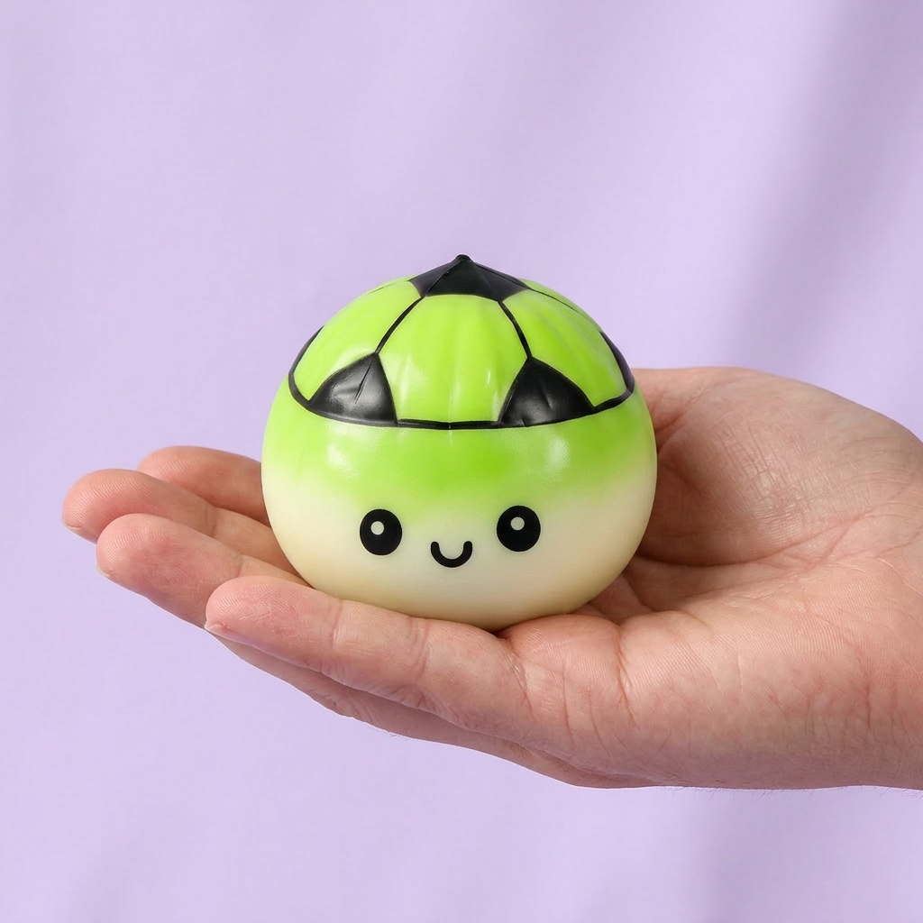 Mystery Dumpling Squishy Voetbal Editie in de hand gehouden, echte grootte