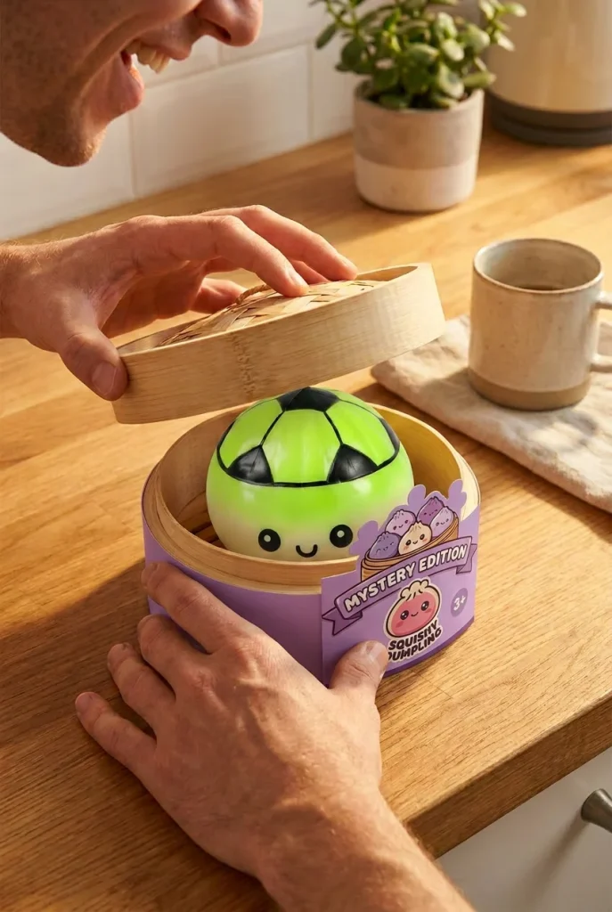 Mystery Dumpling Squishy Voetbal Editie tijdens het uitpakken