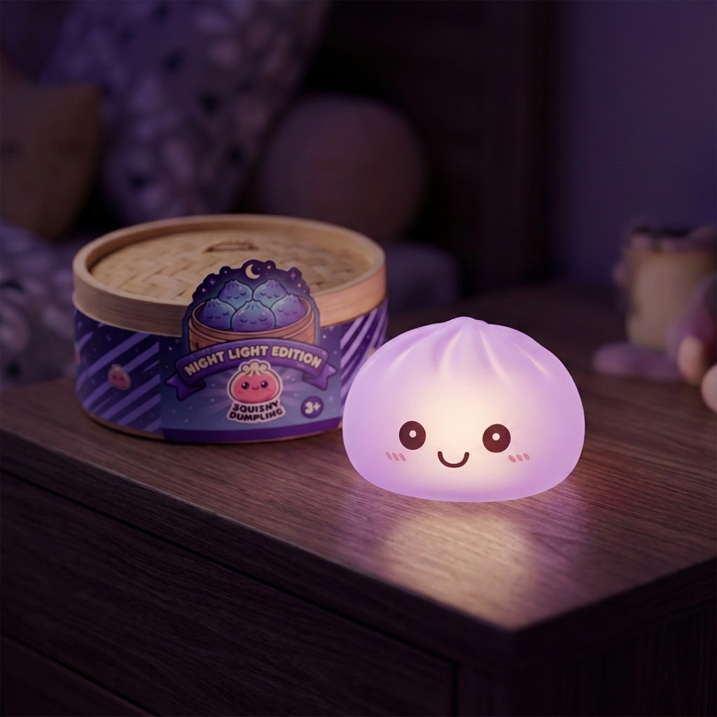 Mystery Squishy Dumpling Nachtlampje in zijn kawaii omgeving