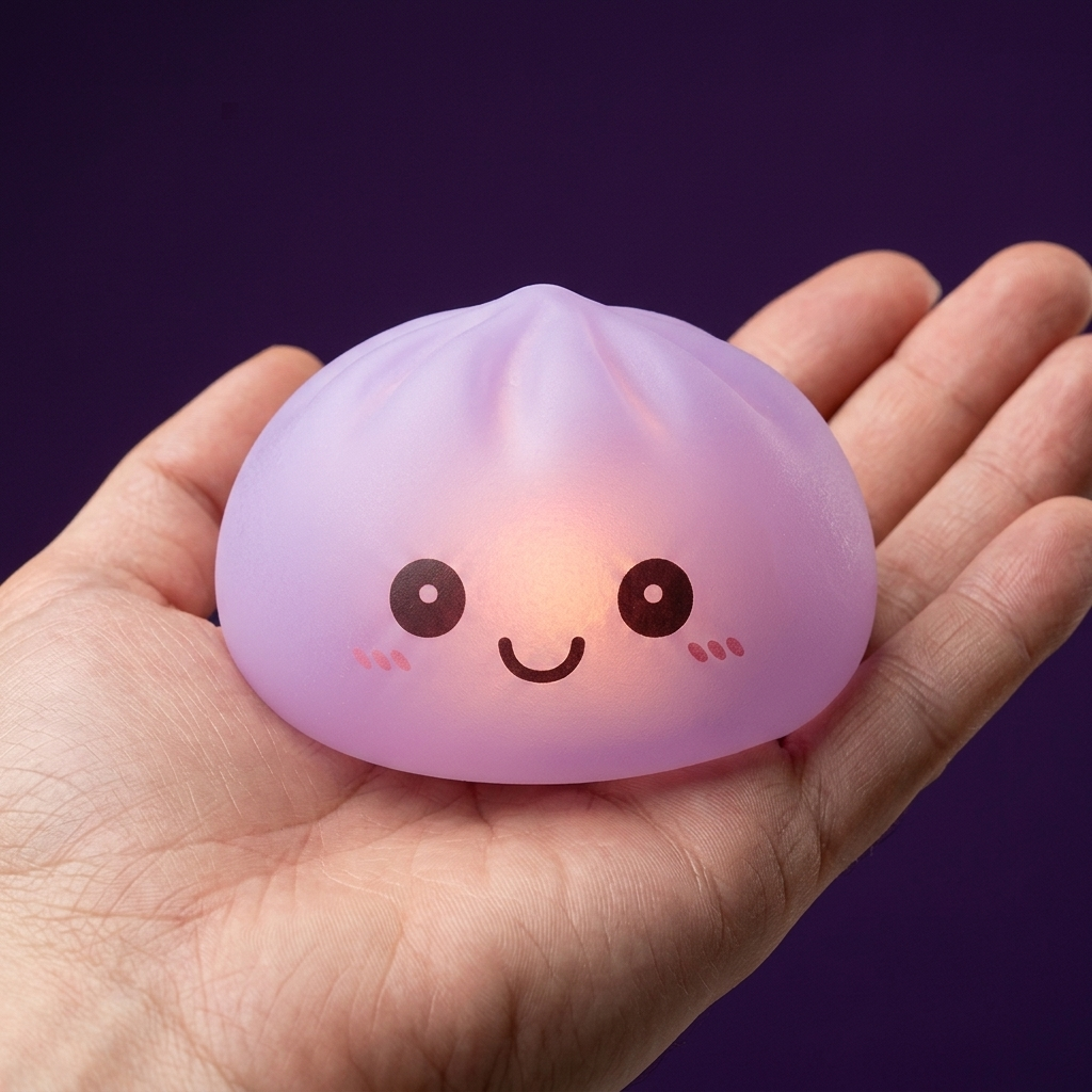 Mystery Squishy Dumpling Nachtlampje in de hand gehouden, echte grootte