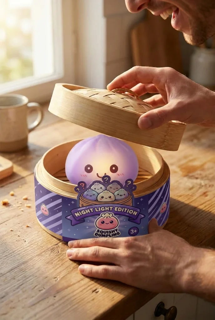 Mystery Squishy Dumpling Nachtlampje tijdens het uitpakken