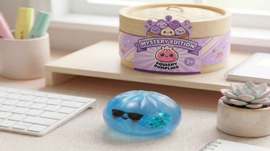 Mystery Dumpling Squishy Zomer Editie in zijn kawaii omgeving