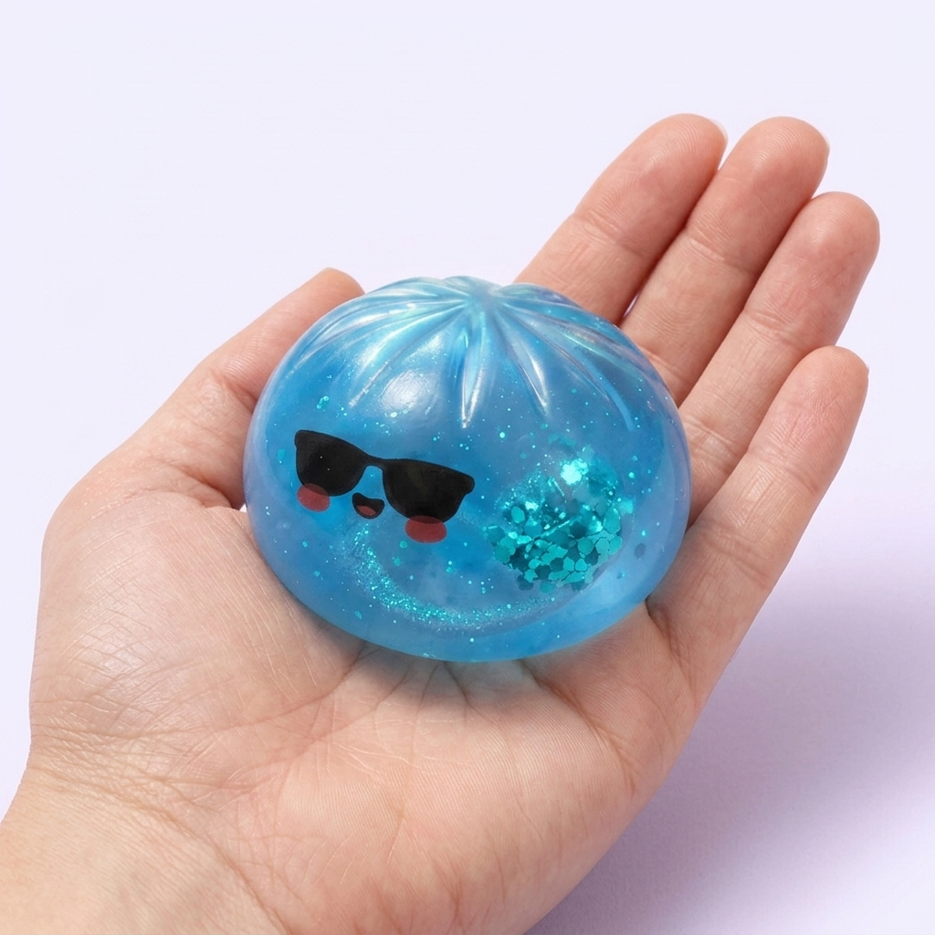 Mystery Dumpling Squishy Zomer Editie in de hand gehouden, echte grootte