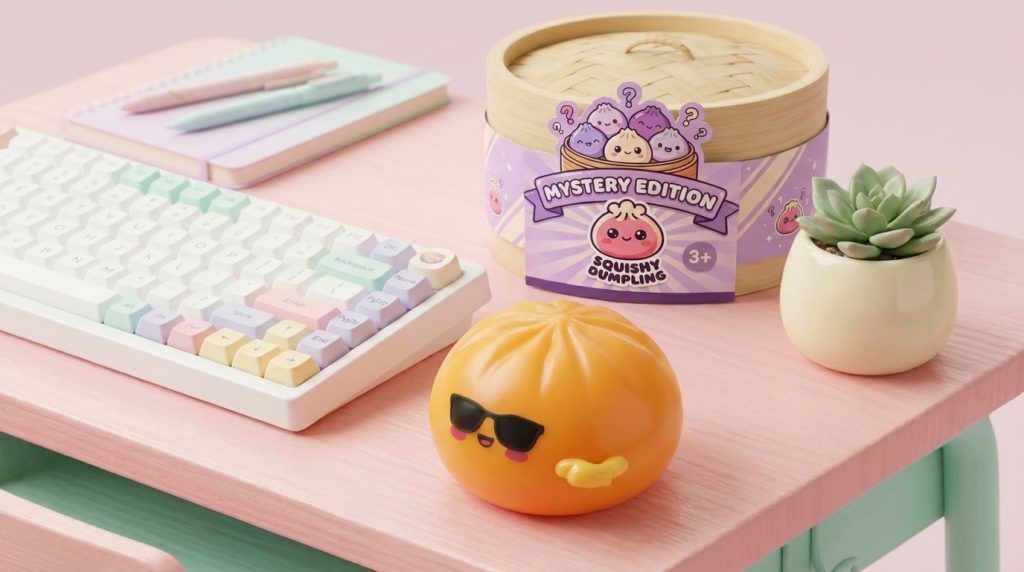 Mystery Dumpling Squishy Zonnebril in zijn kawaii omgeving