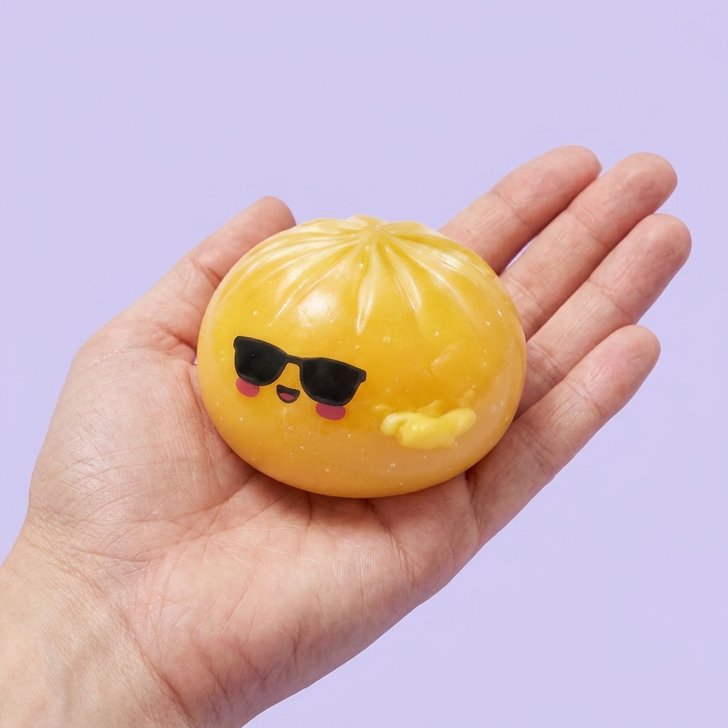 Mystery Dumpling Squishy Zonnebril in de hand gehouden, echte grootte