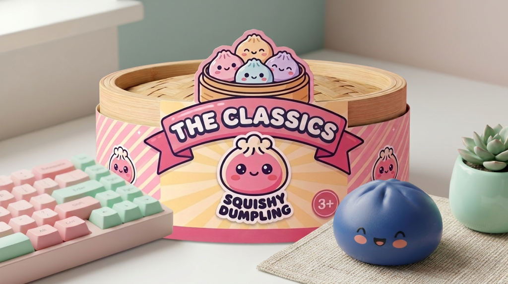 Dumpling Squishy Navy Blue Midnight in zijn kawaii omgeving