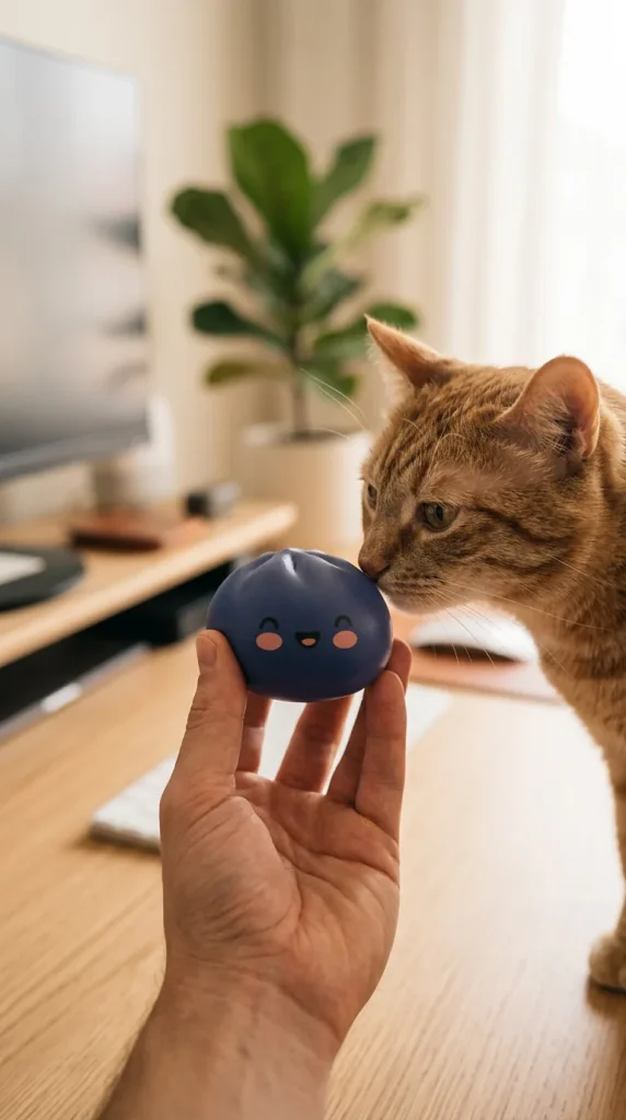 Dumpling Squishy Navy Blue Midnight met een knuffel