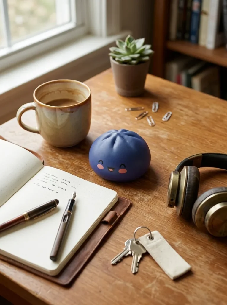 Dumpling Squishy Navy Blue Midnight op het bureau