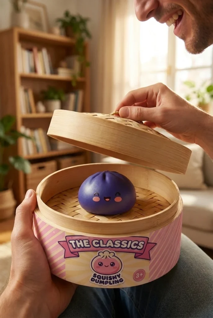 Dumpling Squishy Navy Blue Midnight tijdens het uitpakken