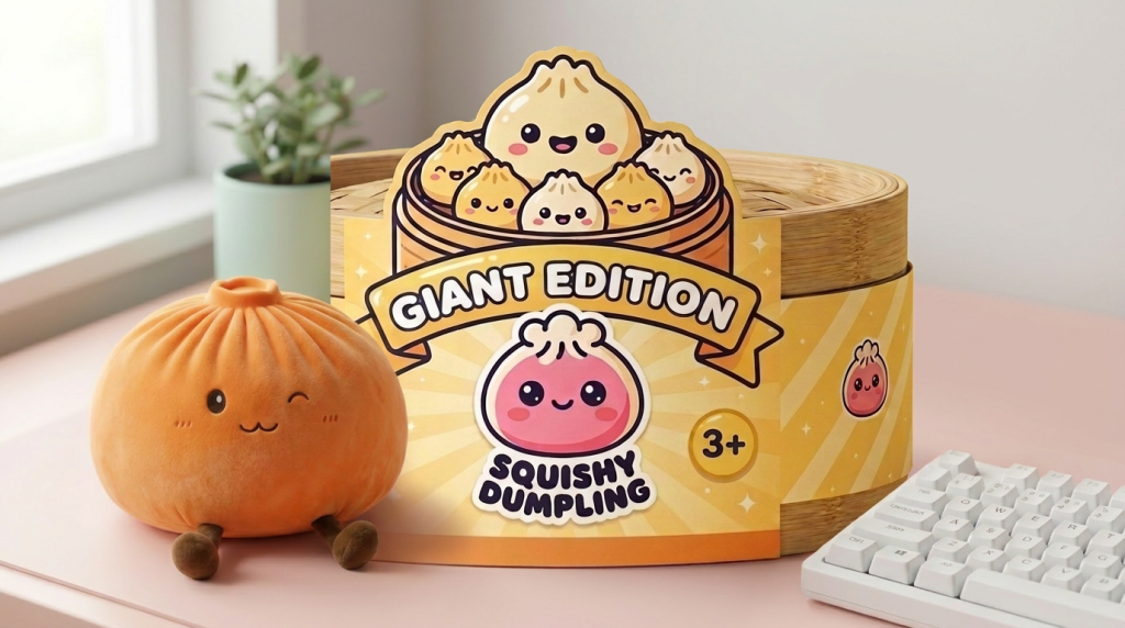 Giant Dumpling Squishy Oranje XXL Knuffelkussen in zijn kawaii omgeving