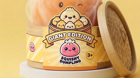 Giant Dumpling Squishy Oranje XXL Knuffelkussen in het bamboe stoommandje