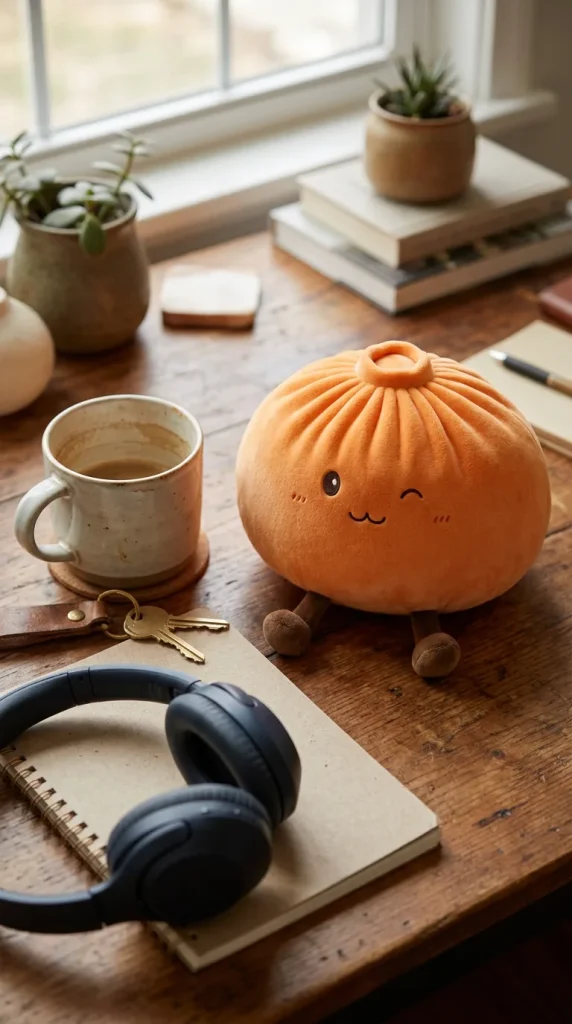Giant Dumpling Squishy Oranje XXL Knuffelkussen op het bureau