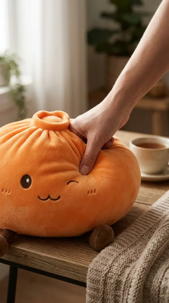 Giant Dumpling Squishy Oranje XXL Knuffelkussen tijdens het knijpen