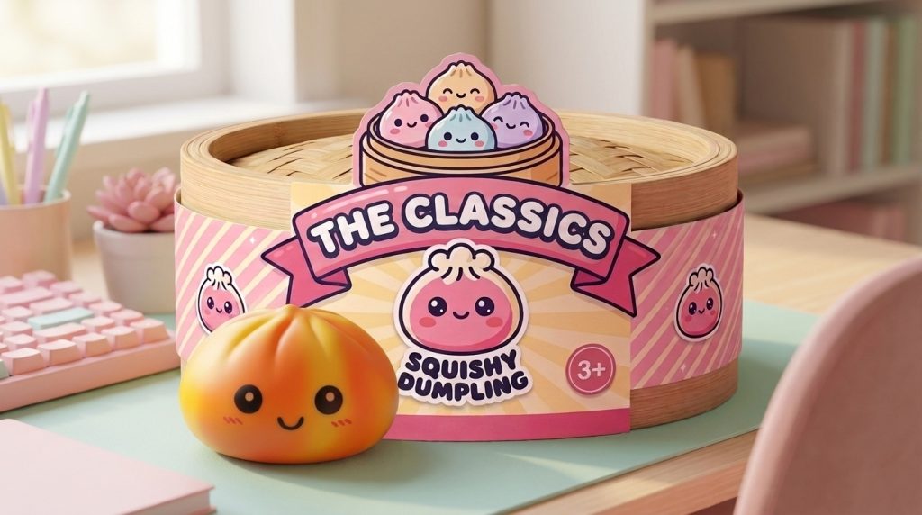 Squishy Dumpling Tie Dye Orange Zonsondergang in zijn kawaii omgeving
