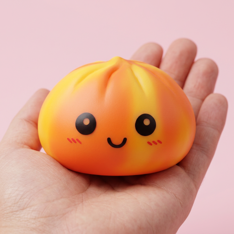 Squishy Dumpling Tie Dye Orange Zonsondergang in de hand gehouden, echte grootte
