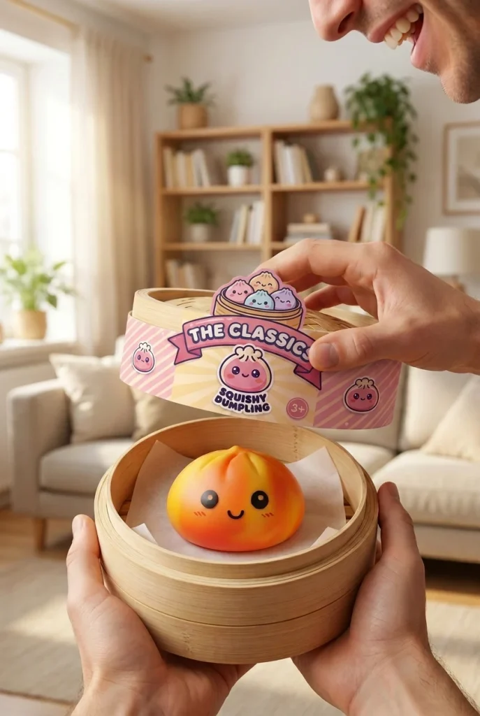 Squishy Dumpling Tie Dye Orange Zonsondergang tijdens het uitpakken