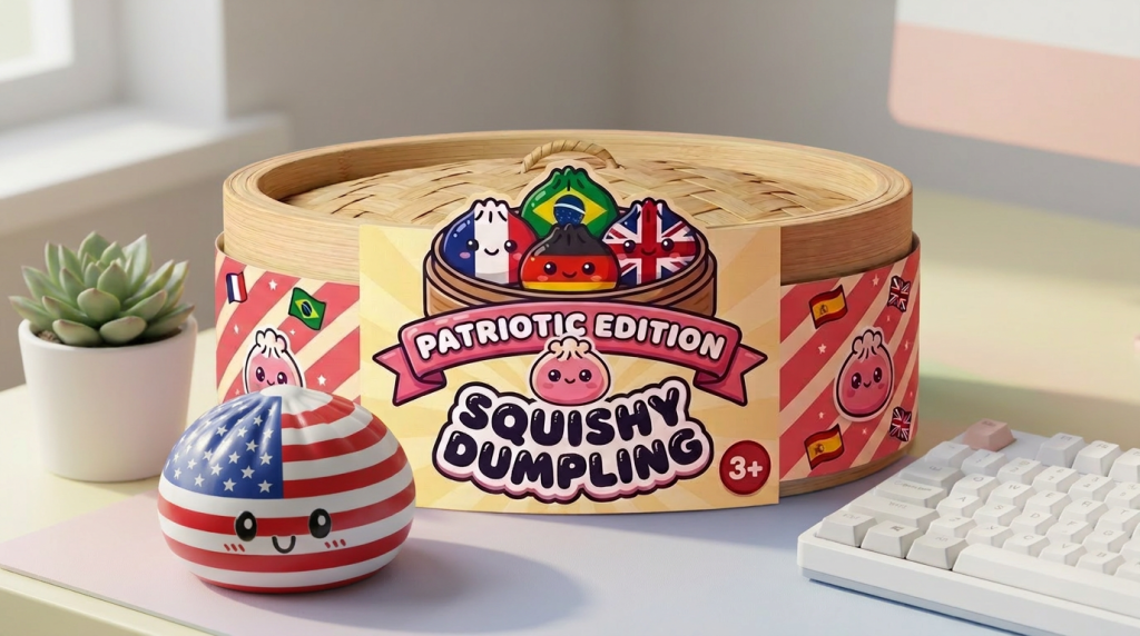 Squishy Dumpling USA – Amerikaanse Vlag Squishy in zijn kawaii omgeving