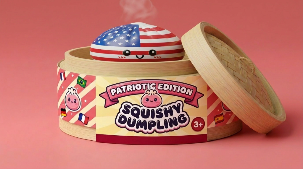 Squishy Dumpling USA – Amerikaanse Vlag Squishy in het bamboe stoommandje