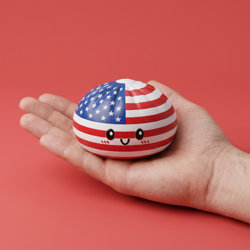 Squishy Dumpling USA – Amerikaanse Vlag Squishy in de hand gehouden, echte grootte