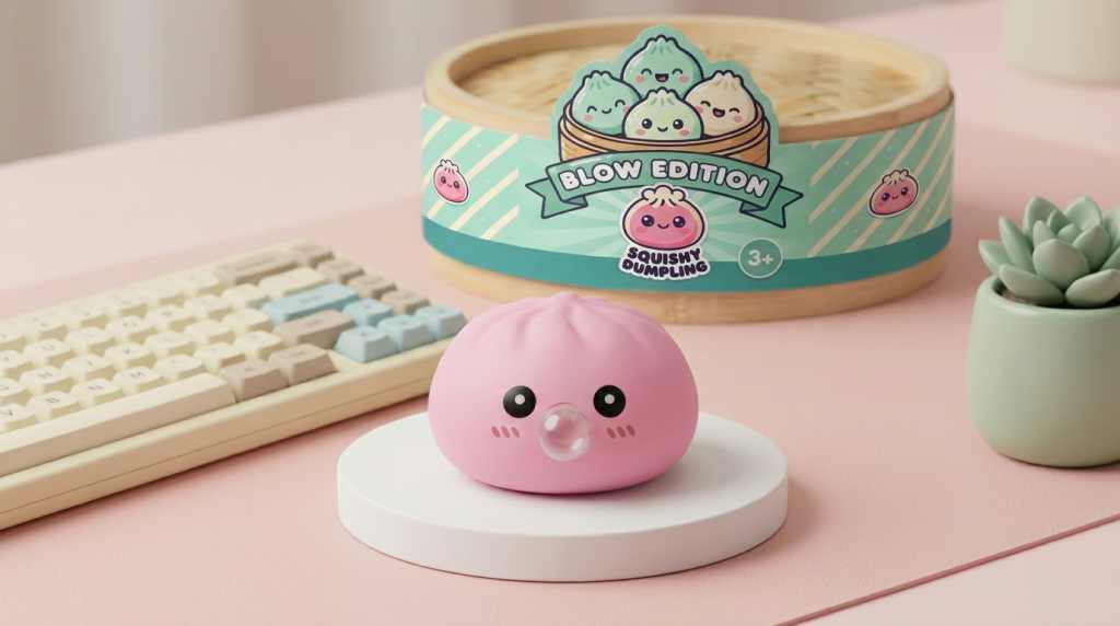 Dumpling Squishy Roze Zacht & Pluizig in zijn kawaii omgeving