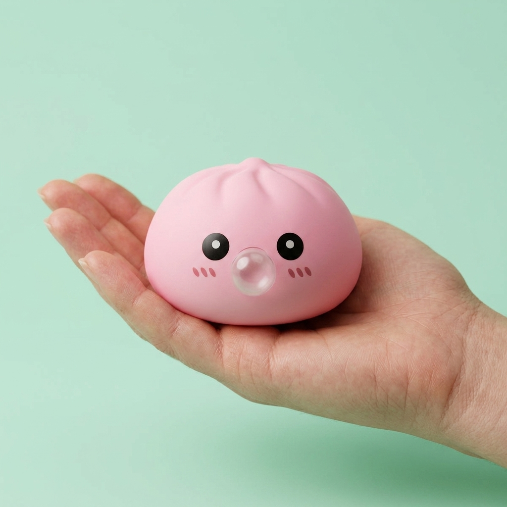 Dumpling Squishy Roze Zacht & Pluizig in de hand gehouden, echte grootte