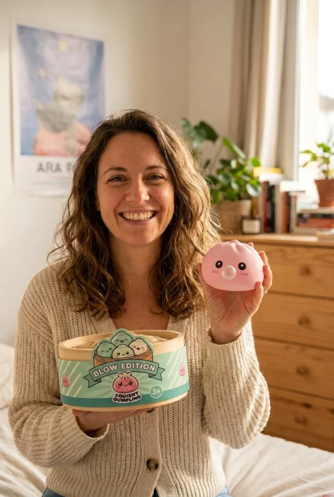 Dumpling Squishy Roze Zacht & Pluizig met zijn doos
