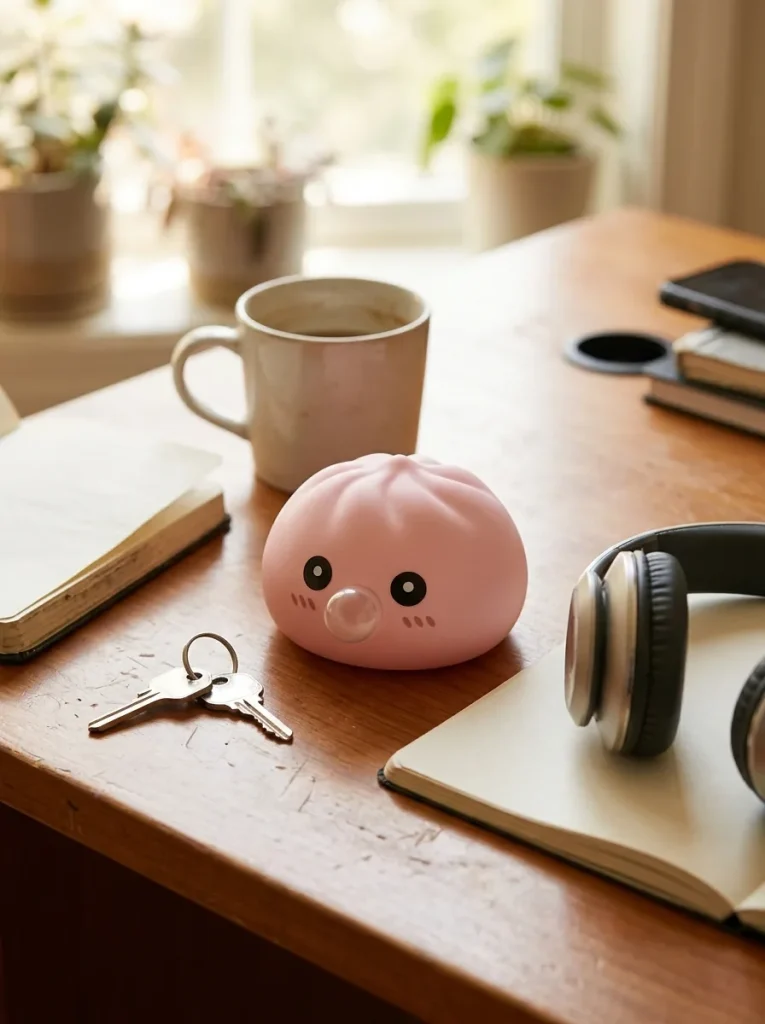Dumpling Squishy Roze Zacht & Pluizig op het bureau