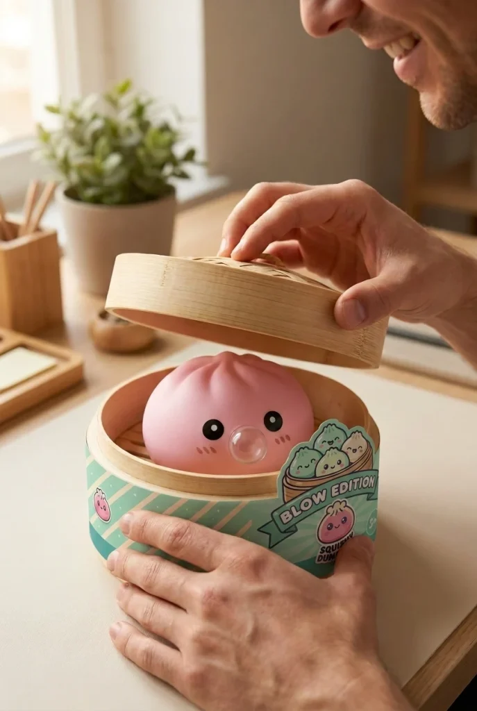 Dumpling Squishy Roze Zacht & Pluizig tijdens het uitpakken