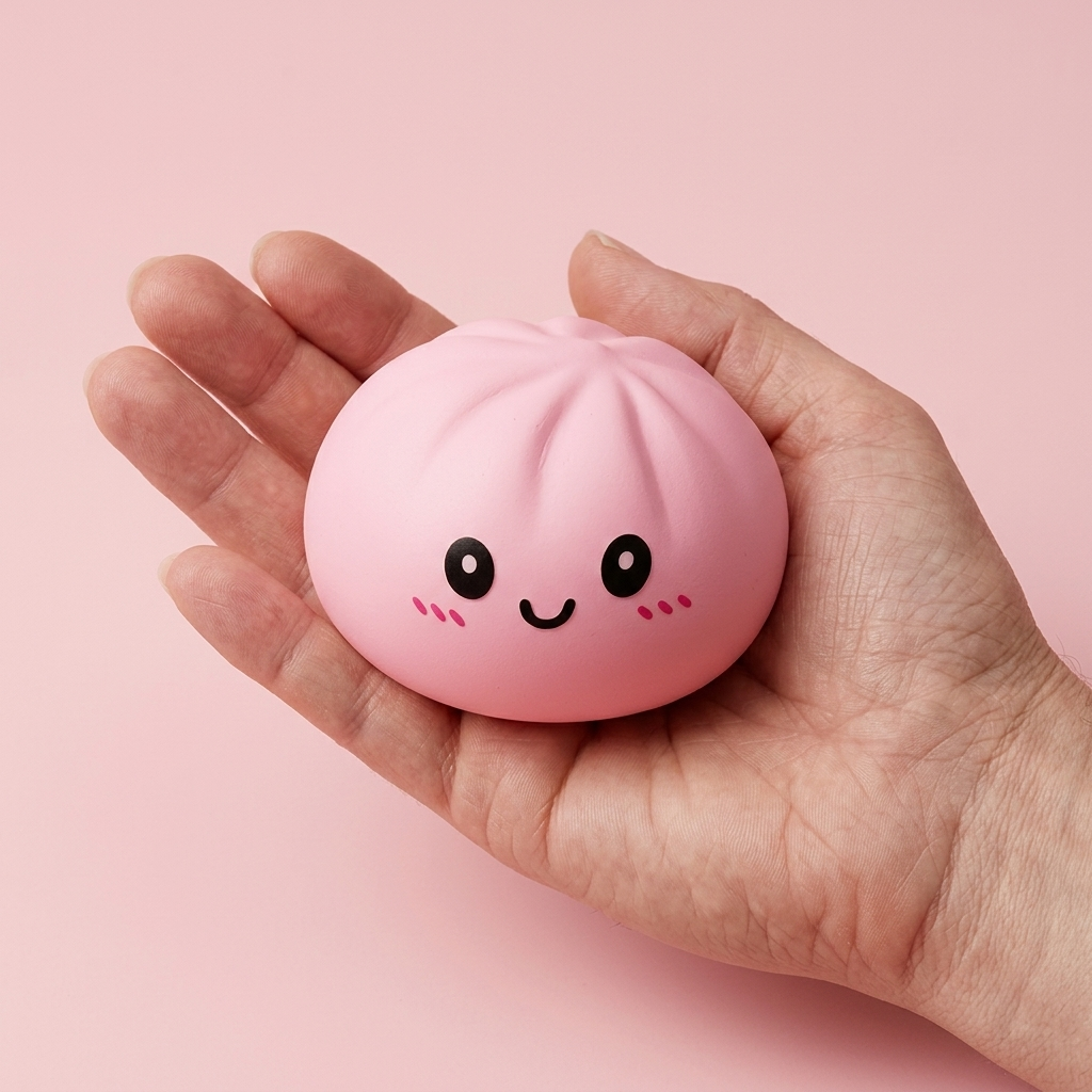 Pink Squishy Dumpling Zachte Bloesem in de hand gehouden, echte grootte