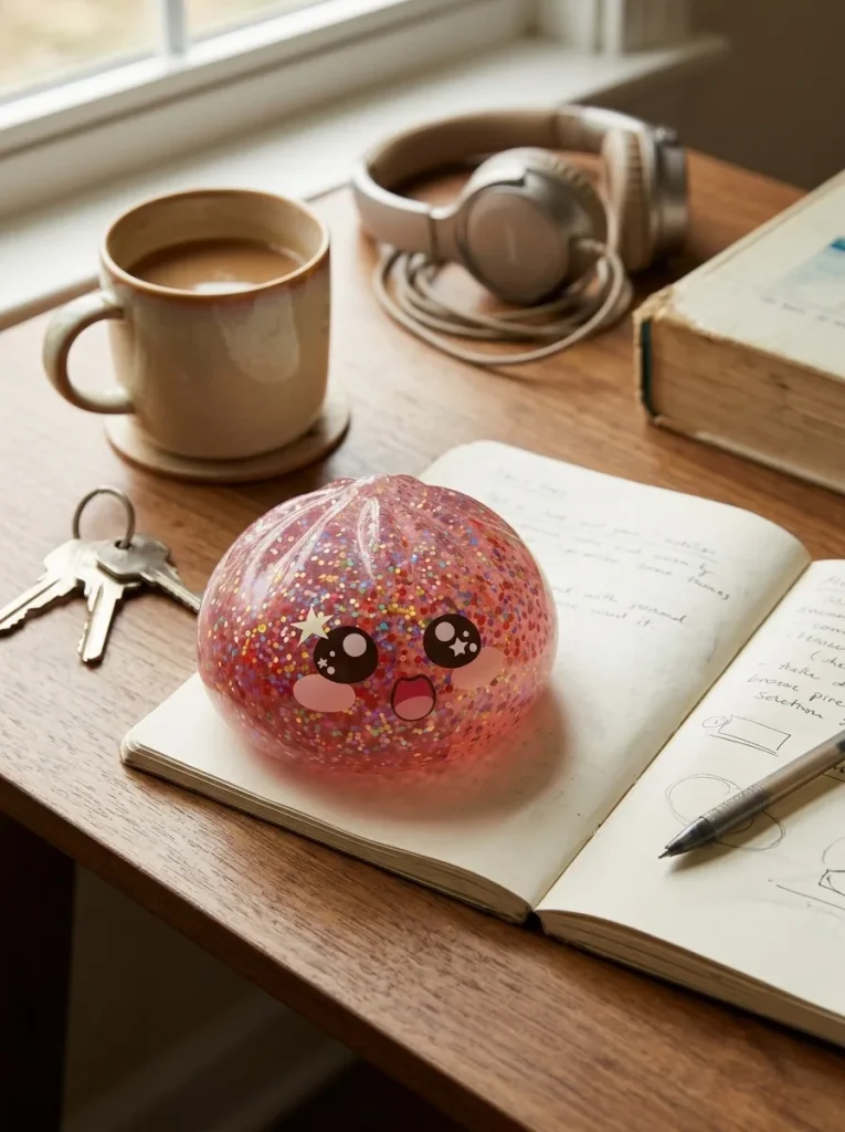 Galaxy Dumpling Squishy Roze Kawaii op het bureau