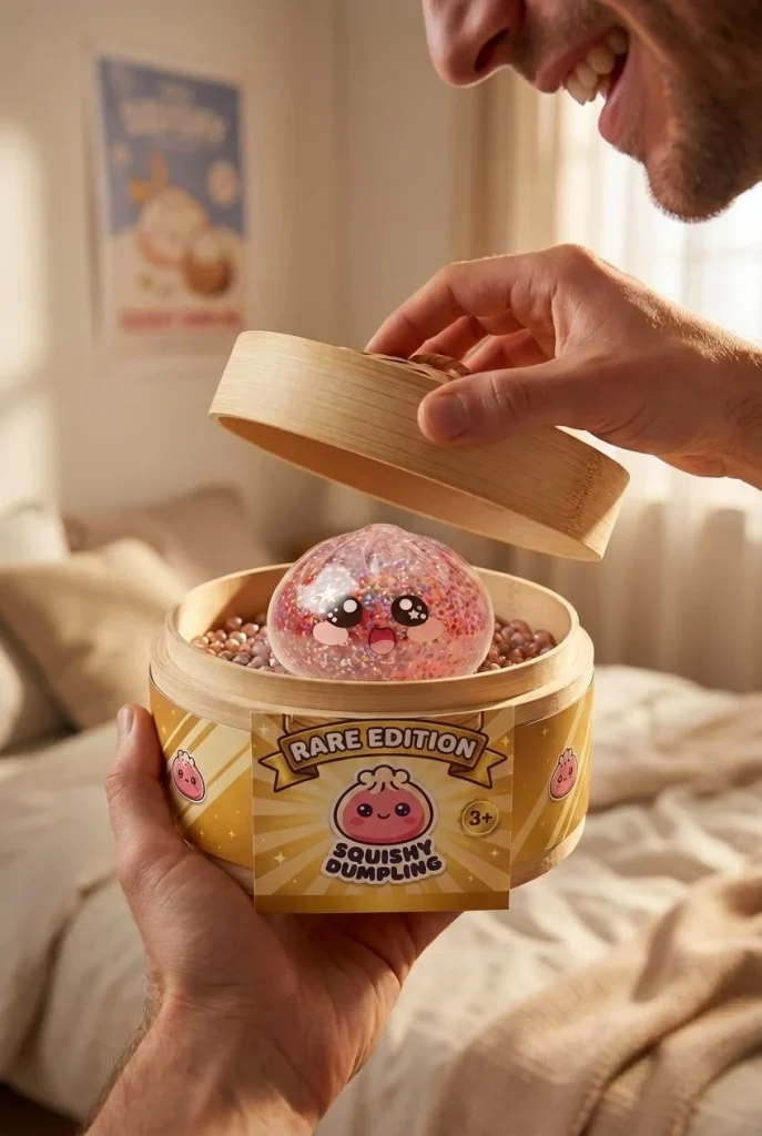 Galaxy Dumpling Squishy Roze Kawaii tijdens het uitpakken