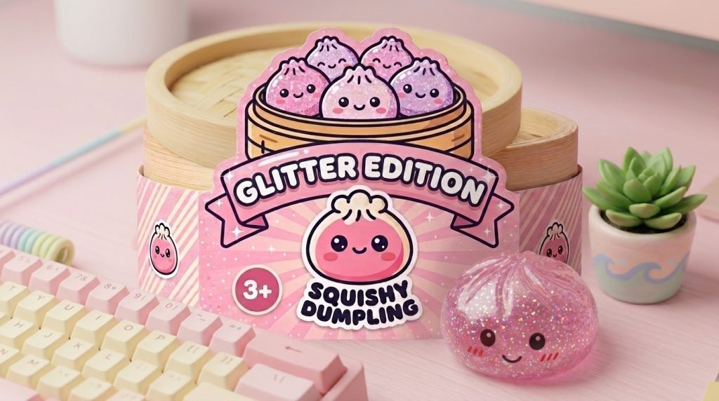 Glitter Dumpling Squishy Roze Kawaii in zijn kawaii omgeving