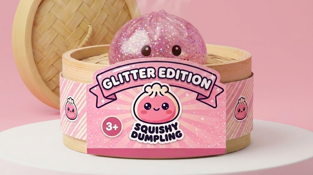 Glitter Dumpling Squishy Roze Kawaii in het bamboe stoommandje