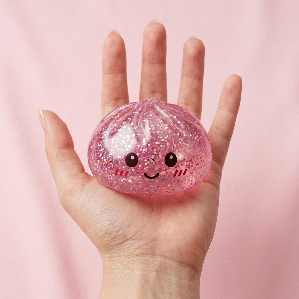 Glitter Dumpling Squishy Roze Kawaii in de hand gehouden, echte grootte