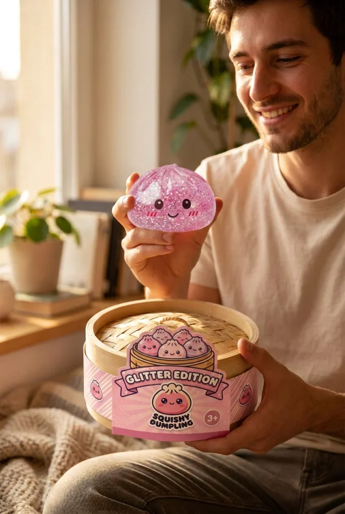 Glitter Dumpling Squishy Roze Kawaii met zijn doos